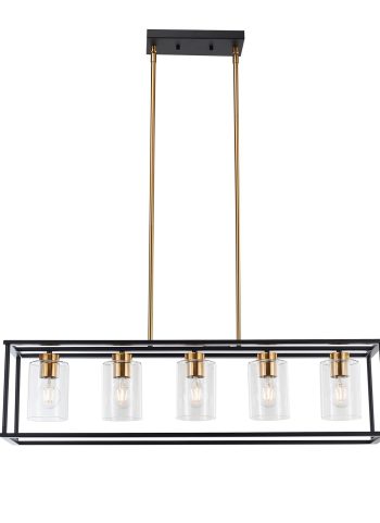 5-Lights Industrial Farmhouse Style Hanging Decorative Rectangle Pendant Lights, Black Antique Brass With Clear Glass Shade, Dining Room Kitchen Island Chandelier