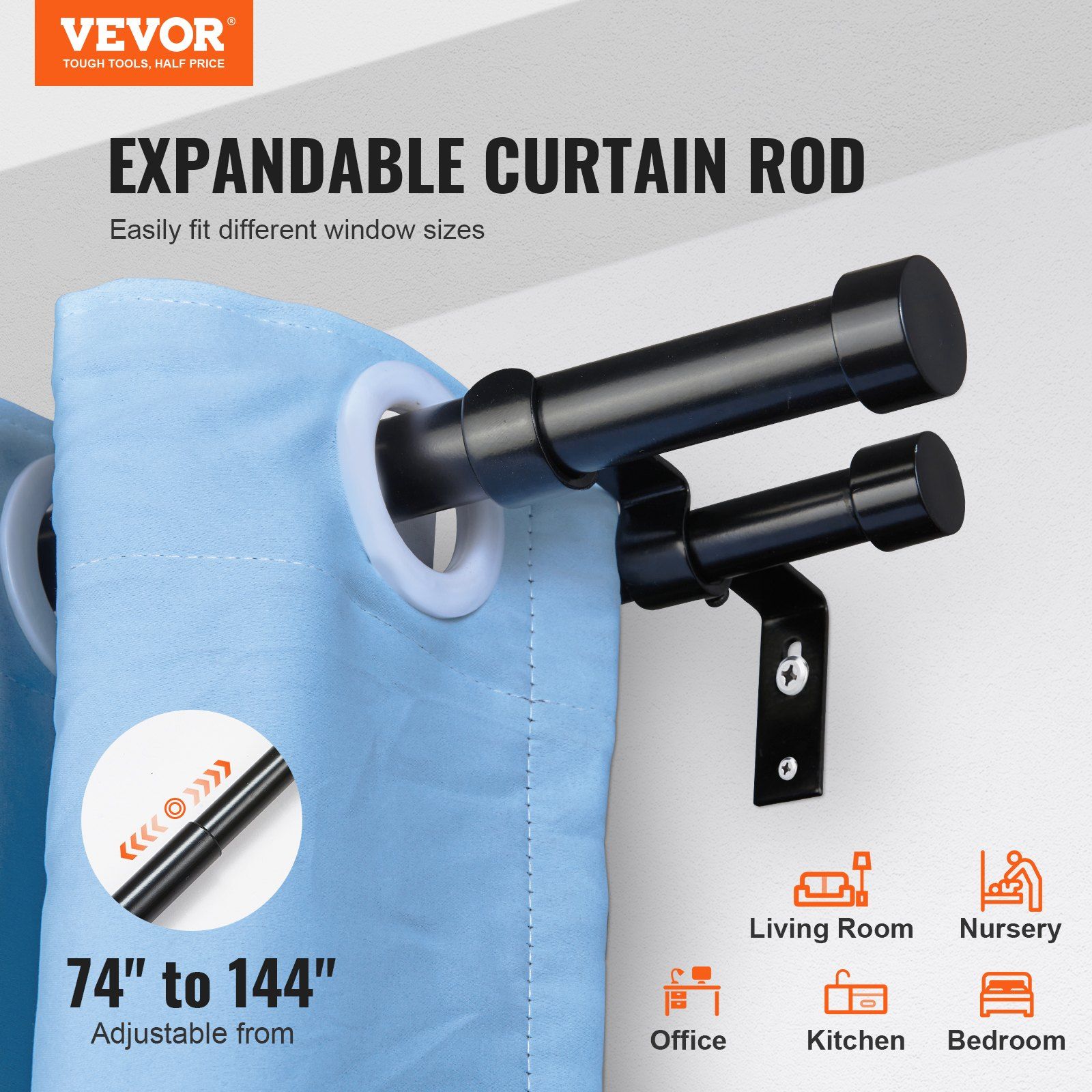VEVOR 1 Inch Double Curtain Rods 74 to 144 Inches(6-12ft), Drapery Rods for Windows 69 to 140 Inches, Telescoping Dual Curtain Rod with Round Finials, Black
