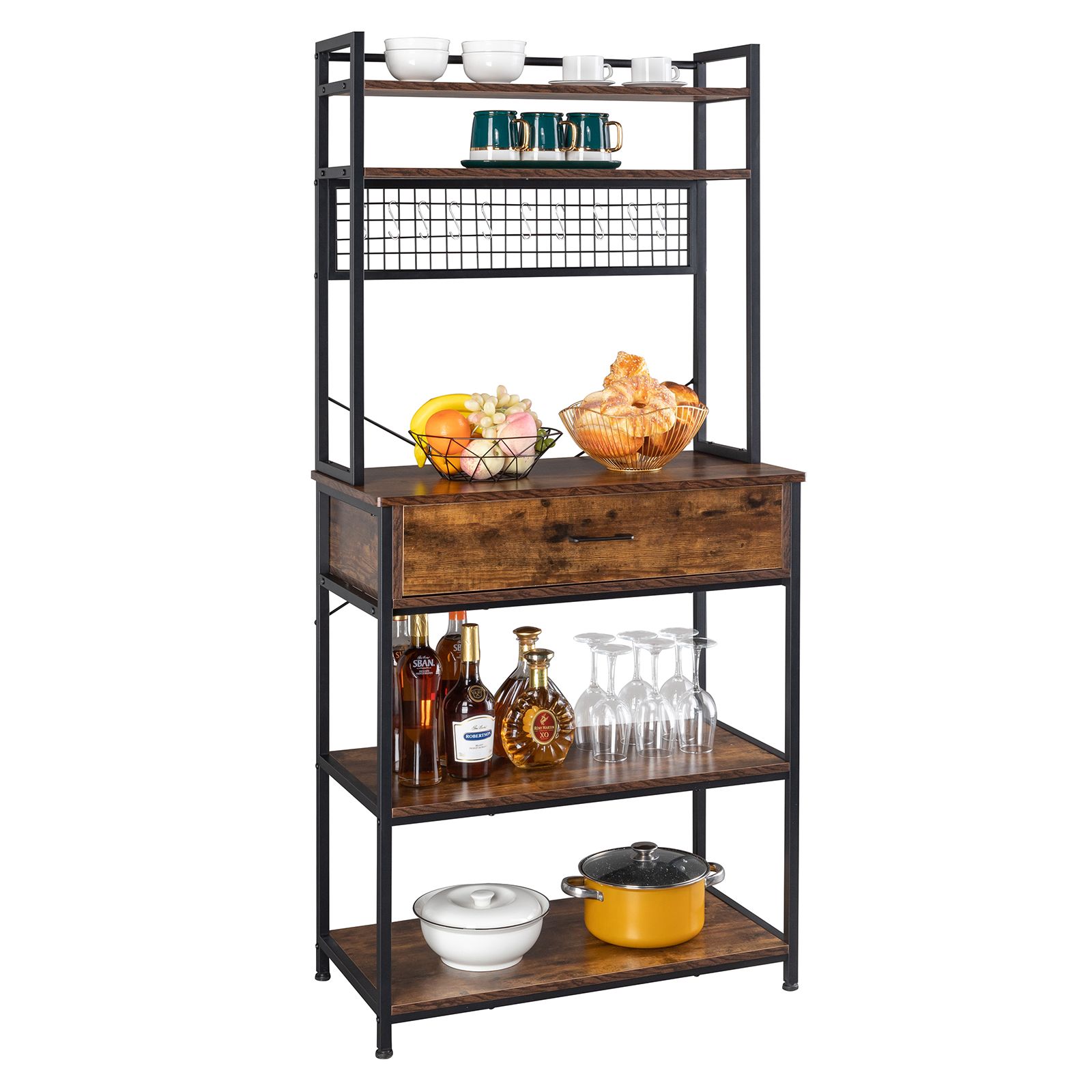5-Tier Kitchen Bakers Rack with 10 S-Shaped Hooks and 1 drawer , Industrial Microwave Oven Stand, Free Standing Kitchen Utility Cart Storage Shelf Organizer (Rustic Brown)